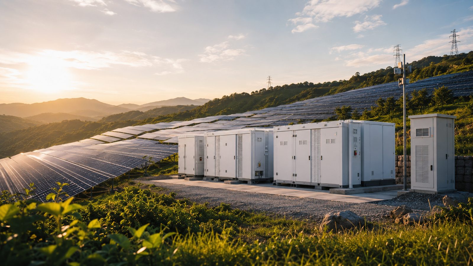 Battery storage containers beside the solar array
